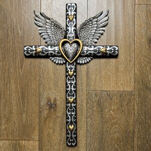 Angel Wings Cross Wall Hanging Resin Silver Gold Spiritual Religious Decor 20"